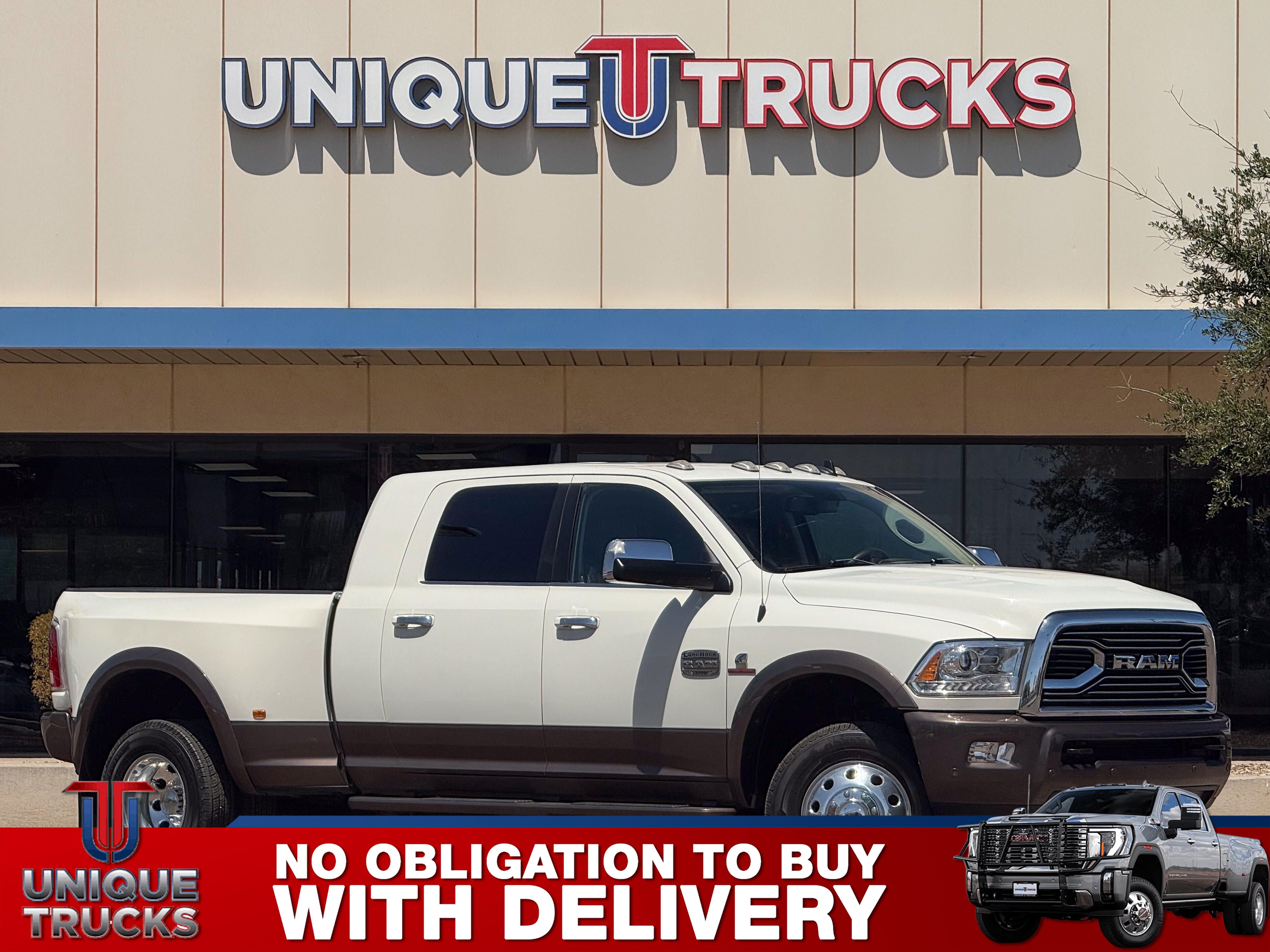 Pearl White 2017 RAM 3500 Laramie Longhorn Mega Cab DRW 4WD Pickup Truck Four-Wheel Drive Automatic