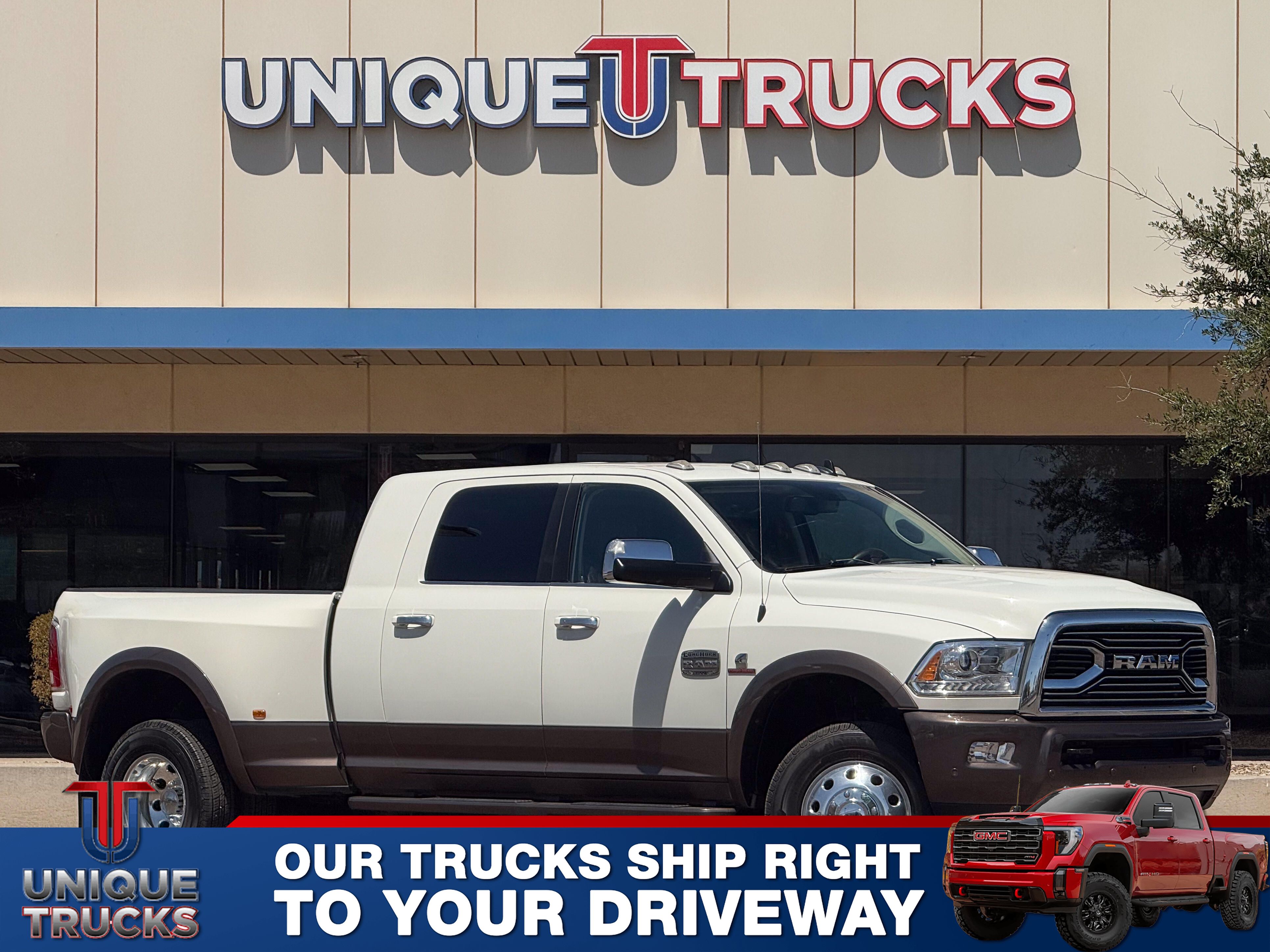 Pearl White 2017 RAM 3500 Laramie Longhorn Mega Cab DRW 4WD Pickup Truck Four-Wheel Drive Automatic