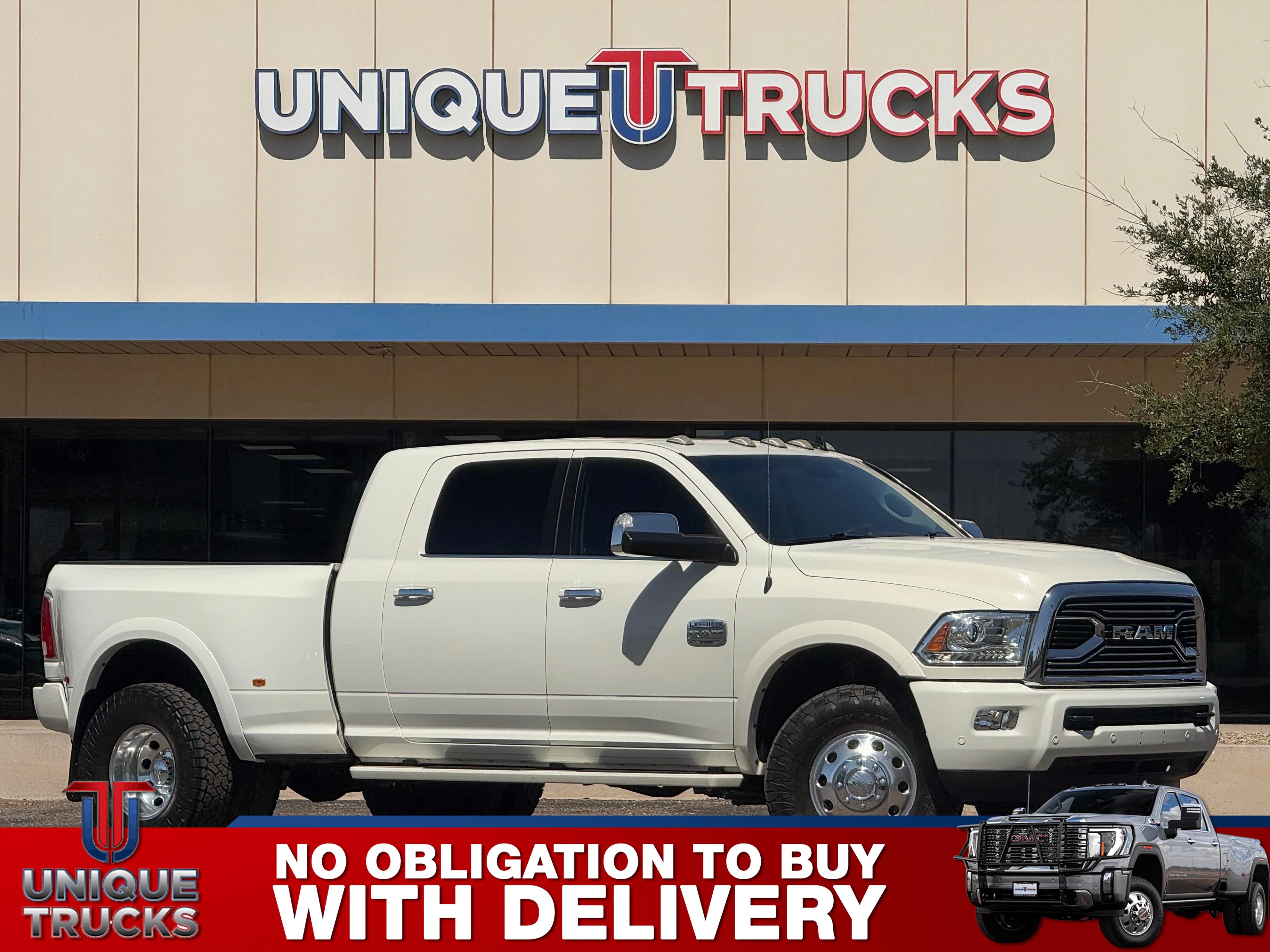 Pearl White 2018 RAM 3500 Laramie Longhorn Mega Cab DRW 4WD Pickup Truck Four-Wheel Drive Automatic