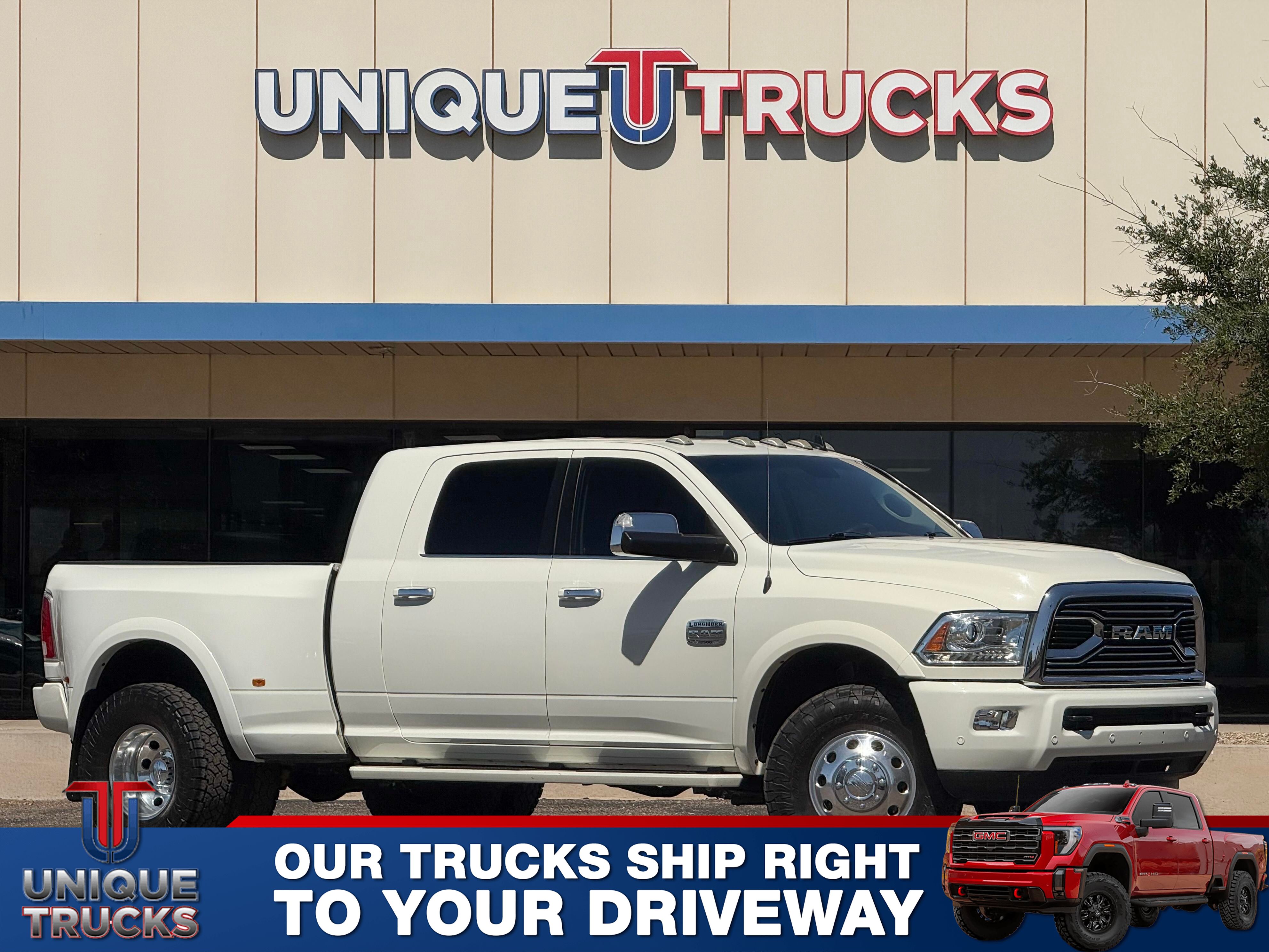 Pearl White 2018 RAM 3500 Laramie Longhorn Mega Cab DRW 4WD Pickup Truck Four-Wheel Drive Automatic