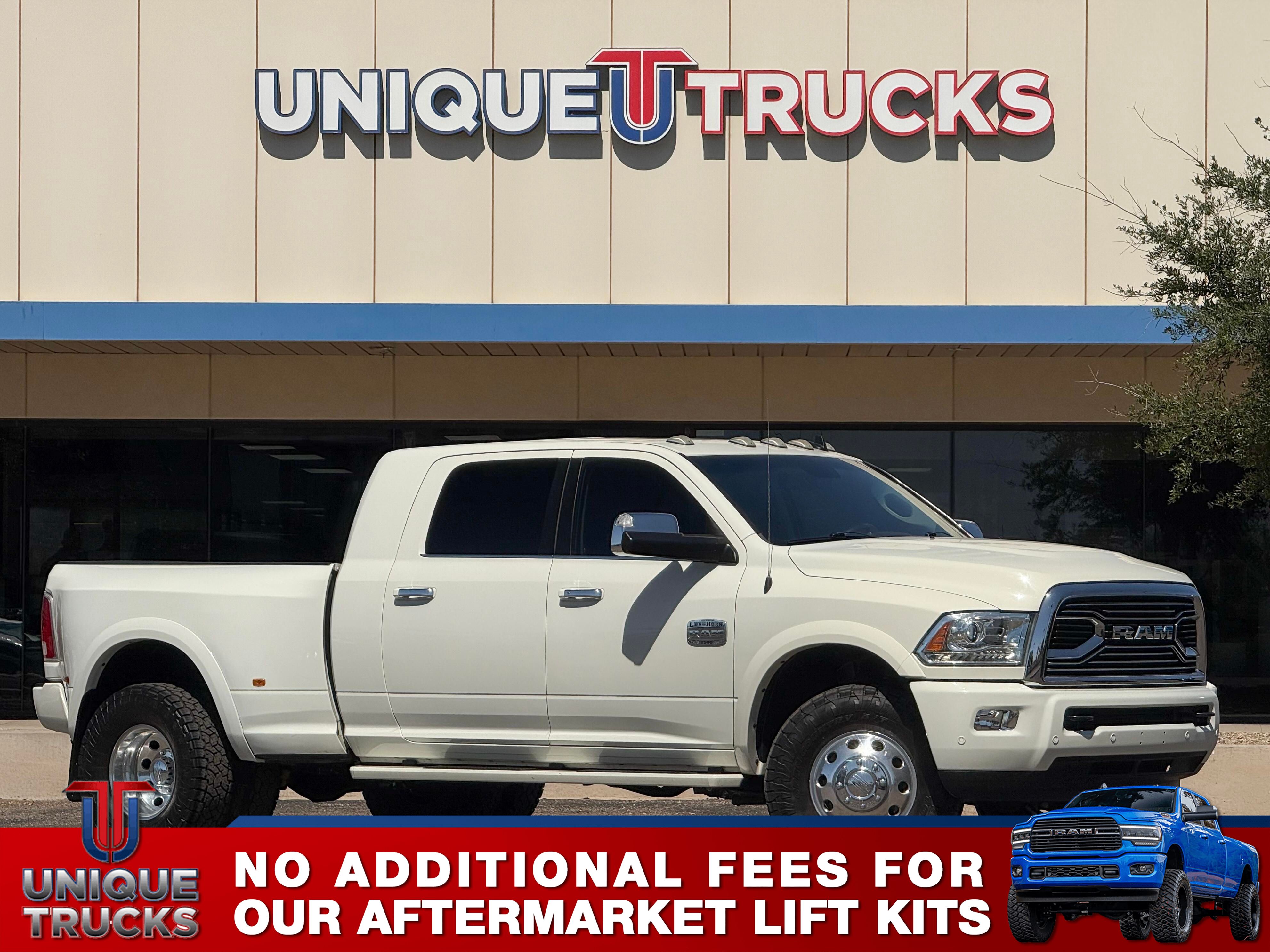 Pearl White 2018 RAM 3500 Laramie Longhorn Mega Cab DRW 4WD Pickup Truck Four-Wheel Drive Automatic